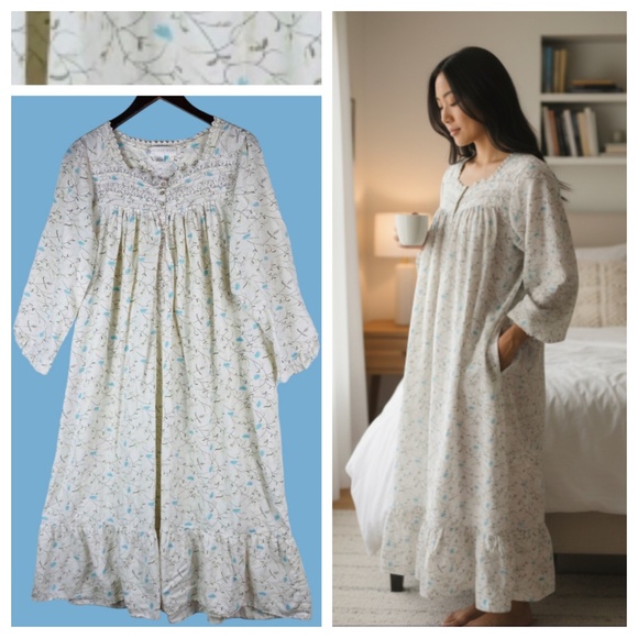Eileen West Other - Eileen West Sz Medium 8 10 Nightgown Floral Lace Trim Ivory Blue Cotton